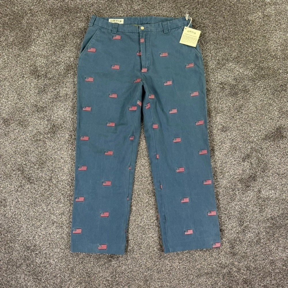 NEW Orvis Blue Pigment Dyed American Flag Embroidered Chino Pants Mens 36 Golf